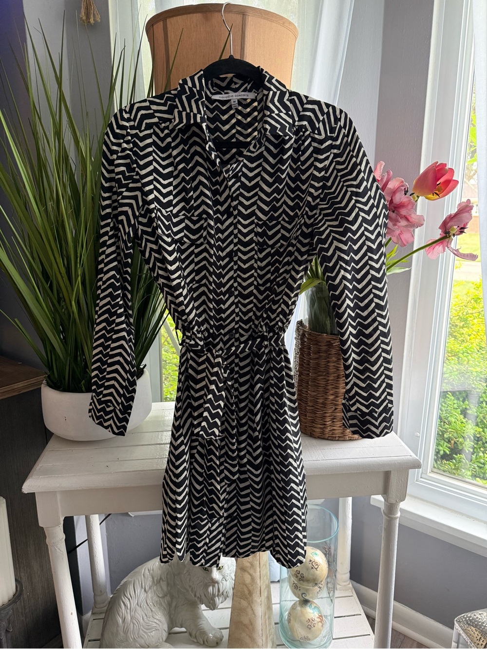 Collective Concepts Black and White Chevron Long Sleeve Shirt Dress Size M